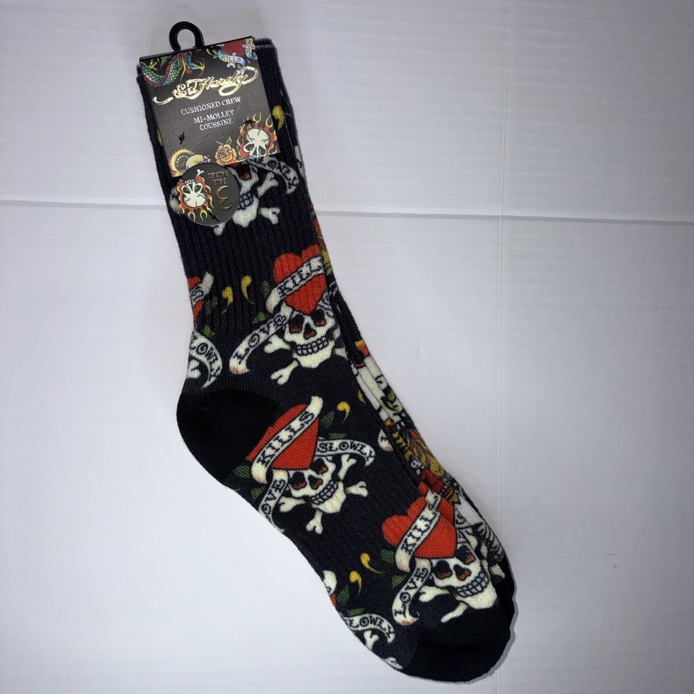 Ed Hardy 3 Pair Crew Socks Skull Tiger Tattoo Flames Black Multicolor New